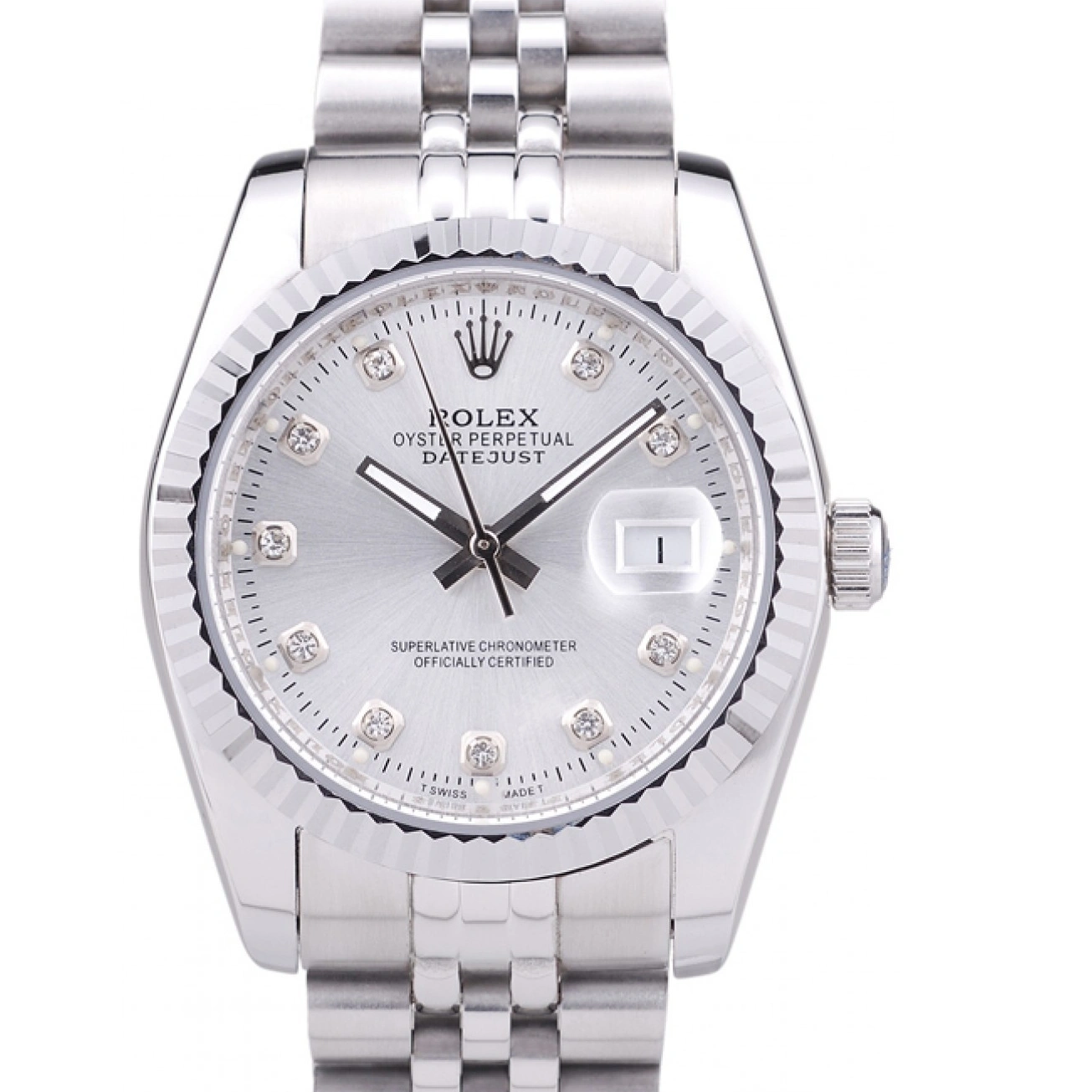 MiroTime 1028 Rolex Datejust Silver Dial Diamonds Ribbed Bezel 7455